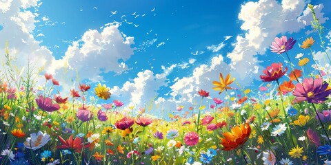 Anime Style Wildflower Meadow under Clear Blue Sky