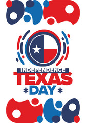 Texas Independence Day. Texas flag. Lone star flag. Freedom holiday in Unites States, celebrated annual in March. Patriotic vector poster. Creative illustration