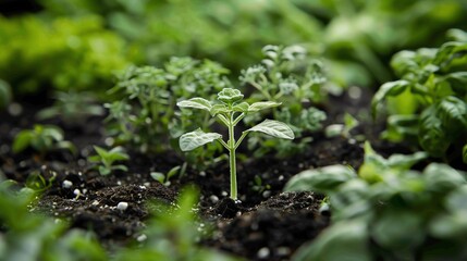 Obraz premium Seedling surrounded by various herbs in a kitchen garden, Seedling, Culinary, fresh