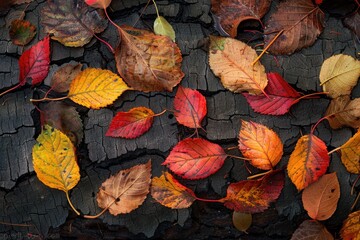 Leaves On The Ground. Autumn Tree with Colorful Fallen Leaves on Bark