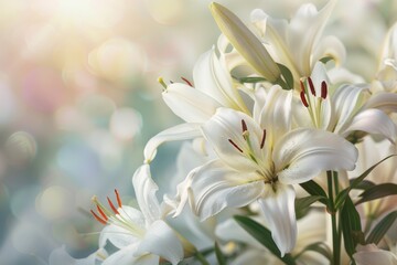 Fototapeta premium Lilies Blossoming: Beautiful White Flowers in Closeup on Light Blurred Background