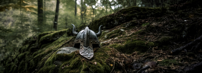 Exploring the Mystical Norwegian Forest with a Viking Helmet