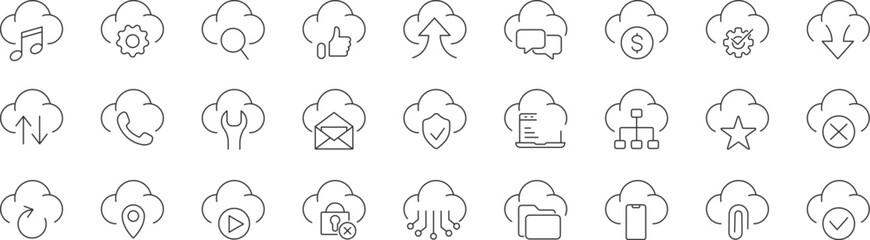 Cloud computing and network icons. Simple style icons. Hosting, server, web, security symbols. Vector illustration