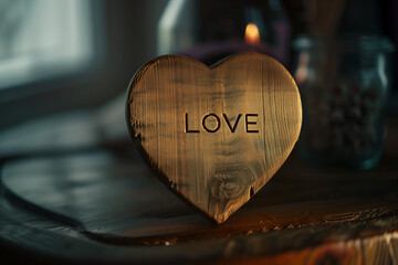 The inscription “Love” on a wooden heart. Valentine's Day. The inscription “Love” on a wooden background. 