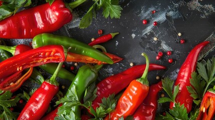 Fresh red and green chili peppers with parsley on a dark background, perfect for cooking or food photography.