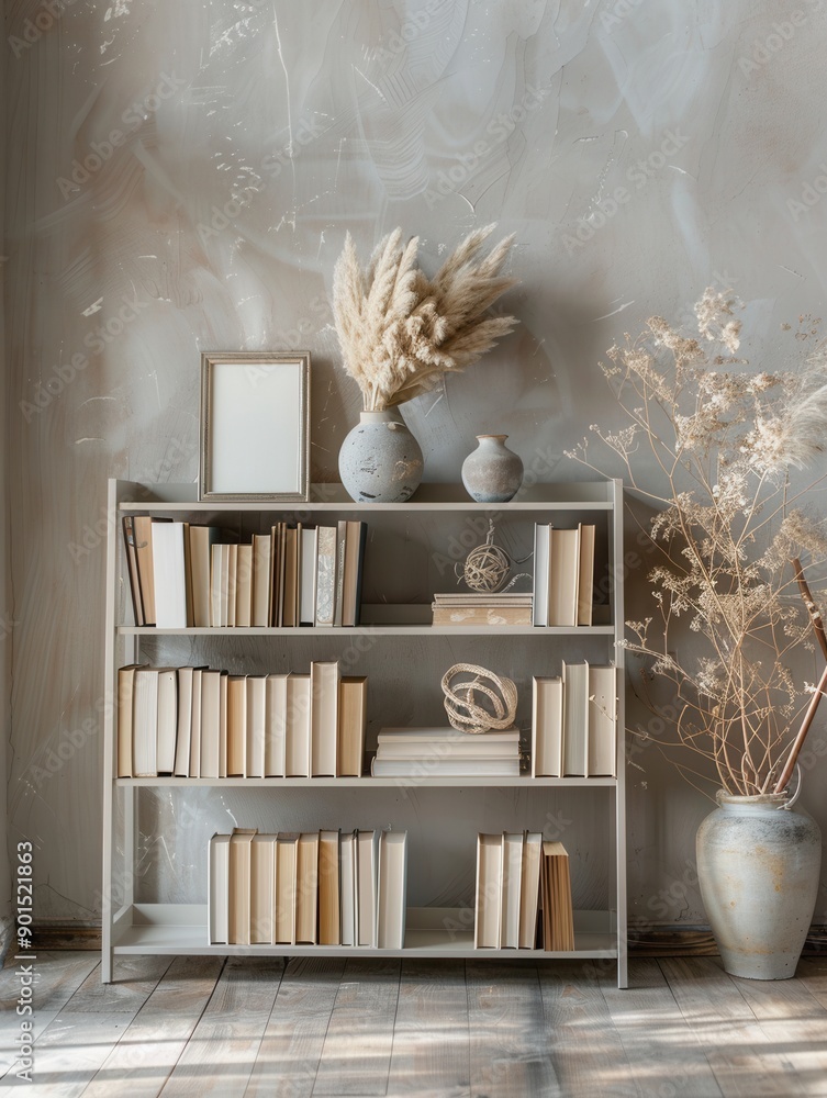 Poster the shelf unit showcases decorative items like books, vases, and frames, harmonizing beautifully wit
