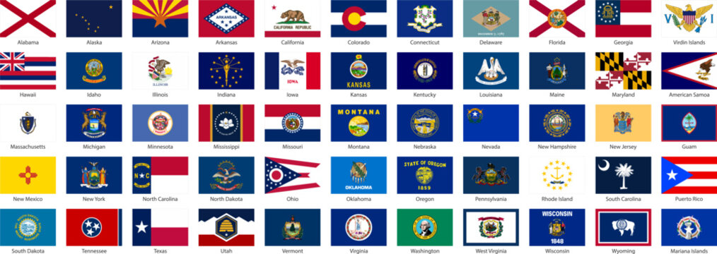 Flags of US States. Flags of all American states on white background. Vector illustration
