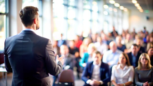 Blurred Audience Listening to Speaker - A focused speaker with an audience in the background, blurred to enhance the subject.
