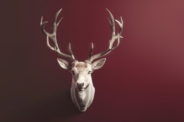 Reindeer with antlers on red background. Concept of Christmas and new year, winter holidays. Deer head on burgundy background. 