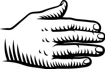 A hand, palm out, back or rear design illustration in a vintage woodcut retro tattoo style