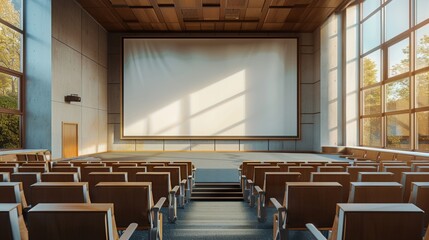 Fototapeta premium banner mockup featuring an empty university lecture hall with chairs and a projector screen, symbolizing a back to university concept