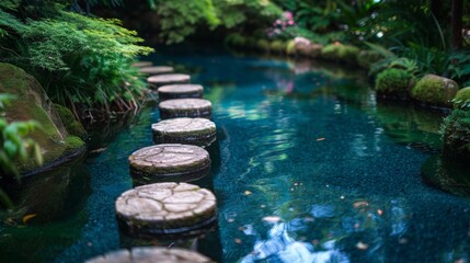 zen garden design, tranquil zen garden features stepping stones guiding through serene blue water, a transformative path towards relaxation and clarity
