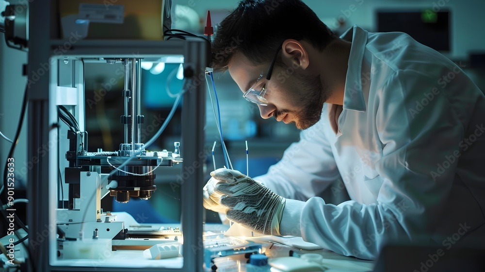 Poster scientist programming 3d printer for organ creation,biomedical engineering advancements