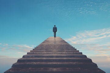 A Journey to the Sky: A Man Ascending a Stairway to the Clouds