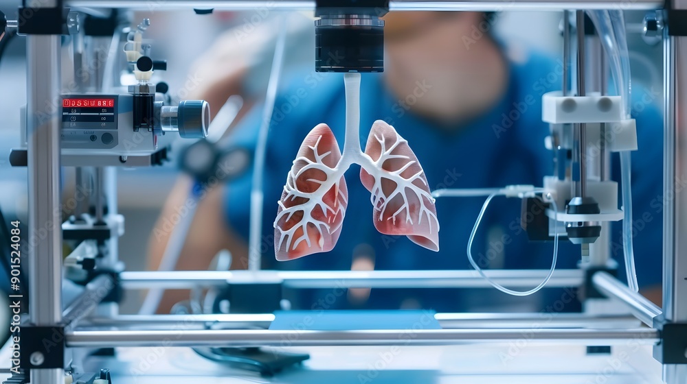 Aufkleber scientist utilizing 3d printer for lung scaffold creation in tissue engineering research