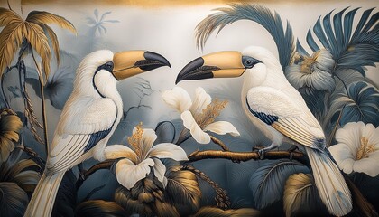 Tropikalny las z tukanami. Tapeta, tło, grafika w stonowanych kolorach