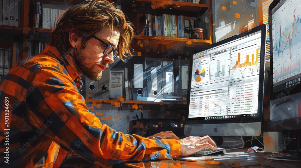 Poster focused young man analyzing data on computer in home office environment. generative ai