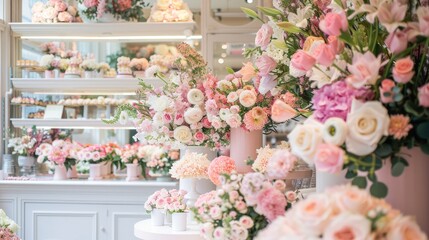 Beautiful floral decorations at Peggy Porschen bakery in Belgravia, showcasing the Chelsea in Bloom annual floral exhibition.