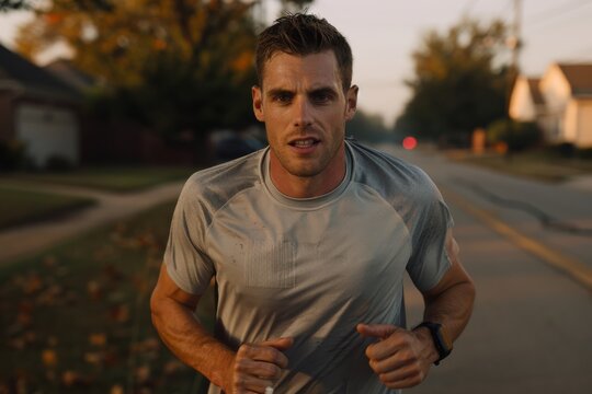 A determined man jogs along a peaceful suburban street at sunrise, capturing the essence of dedication and fitness in a tranquil neighborhood setting.