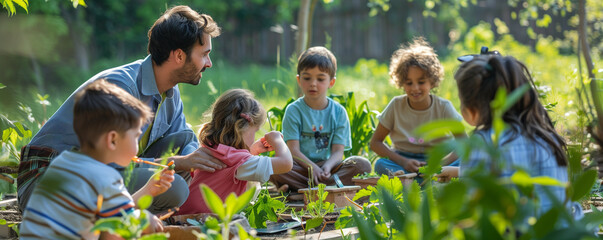 Nurturing Young Minds in Nature's Classroom: A dedicated teacher engages with a diverse group of children, fostering a love for nature and learning through hands-on gardening in a sunny outdoor settin