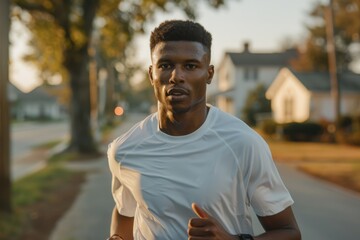 Obraz premium A young man running through a quiet suburban neighborhood in the early morning, wearing a white t-shirt and looking determined, capturing the essence of fitness and health.