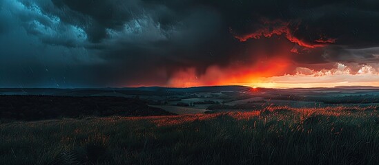Naklejka premium Rural sunset with a dramatic dark cloudscape providing a striking backdrop in a scenic landscape with copy space image