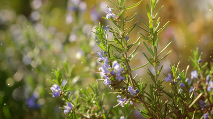 resh Rosemary Herb grow outdoor. Rosemary leaves ,Plants of Rosemary with blue flowers in Spring