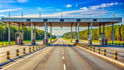 A deserted toll road checkpoint gate stands alone on a sunny day in the Moscow region, with empty lanes stretching into the distant horizon.