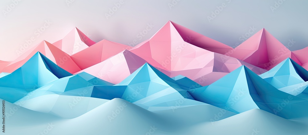 Poster futuristic landscape design of abstract paper pyramids resembling nature and mountains created using