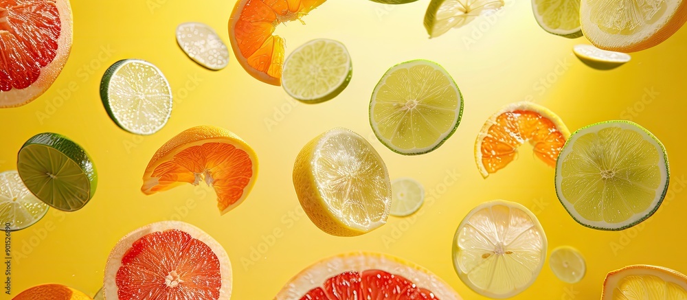 Poster various citrus fruit slices including orange lemon lime and grapefruit floating above a yellow backd