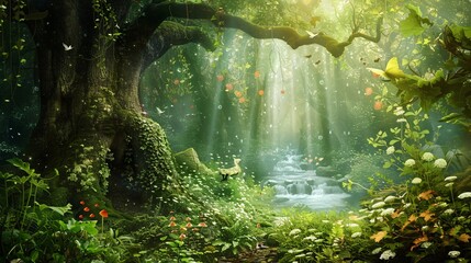 Fototapeta premium Mysterious forest with sunbeams and fog. Fantasy landscape.