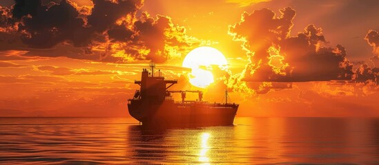 A cargo ship silhouette against a stunning sunset background offers ample copy space for text in the image