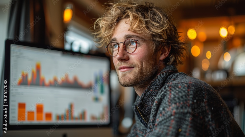 Aufkleber young professional analyzing data on computer in cozy workspace at evening. generative ai