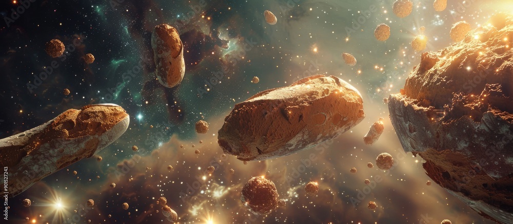 Poster bread floating in a cosmic setting surrounded by brilliant stars with a blank background for inserti