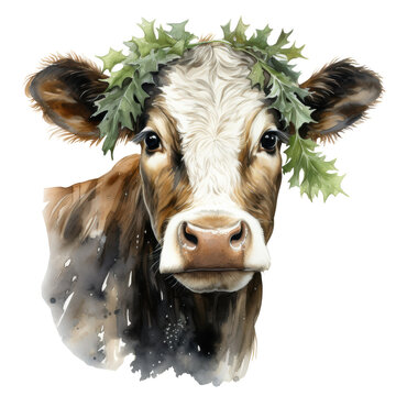recommend clip art: Watercolor Christmas farm cow clip art element illustration