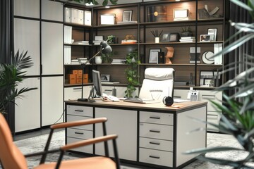 Creative home office with eclectic decor and a view of the city highlighting a dynamic and inspiring workspace.