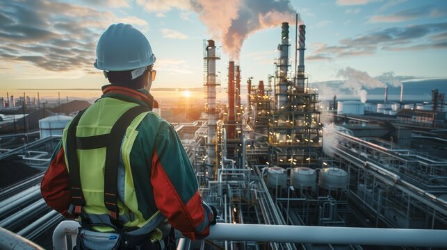 A man in a safety vest stands on a railing overlooking a large industrial plant
