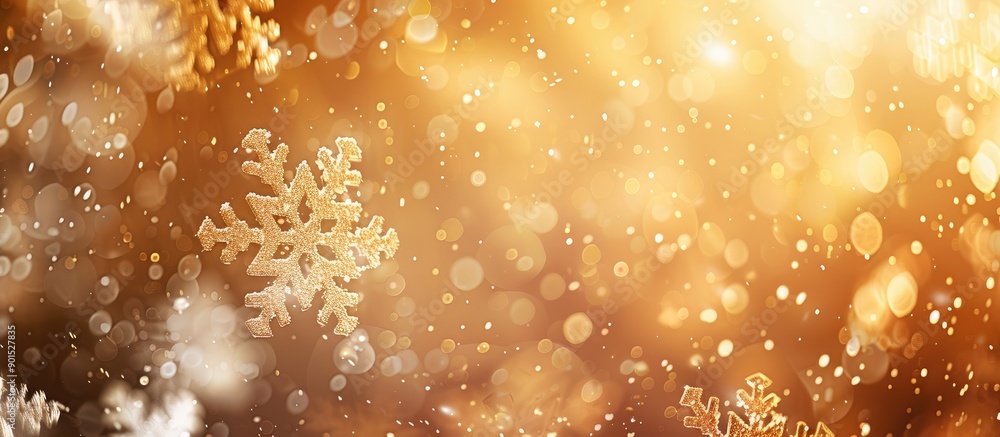 Poster blurred golden background with white bokeh snowflakes and copy space image