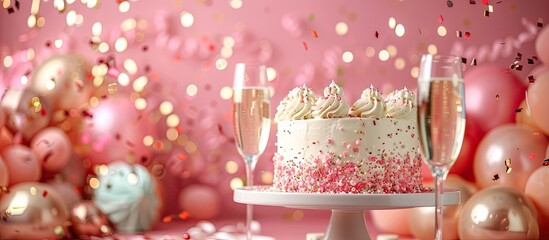 A festive birthday backdrop featuring 71 cake champagne flutes and decorative elements providing room for text within the image. Copy space image. Place for adding text and design