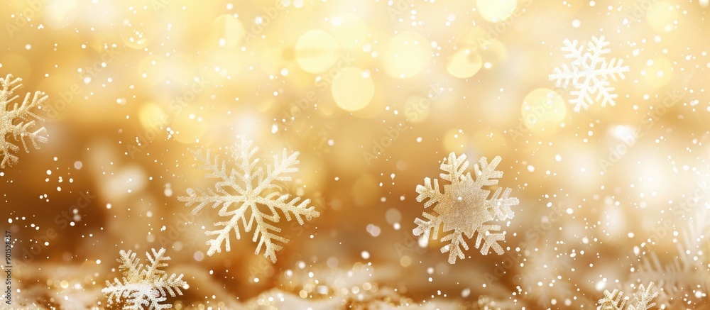 Poster blurred golden background with white bokeh snowflakes and copy space image