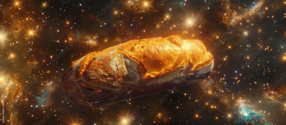 Poster bread floating in a cosmic setting surrounded by brilliant stars with a blank background for inserti