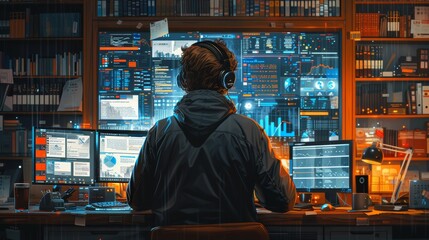 Obraz premium Person Analyzing Data in a Modern Workspace Surrounded by Multiple Screens at Night. Generative AI