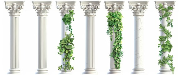 Naklejka premium Greek columns with green ivy creeper isolated on white background. Stone pillars with climbing hedera vines. Realistic 3D modern illustration of creeping plants on roman architecture.