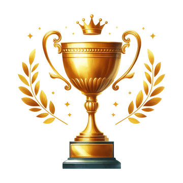 Watercolor Trophy, golden trophy with style hand drawn digital painting illustration, rophy isolated on white background.