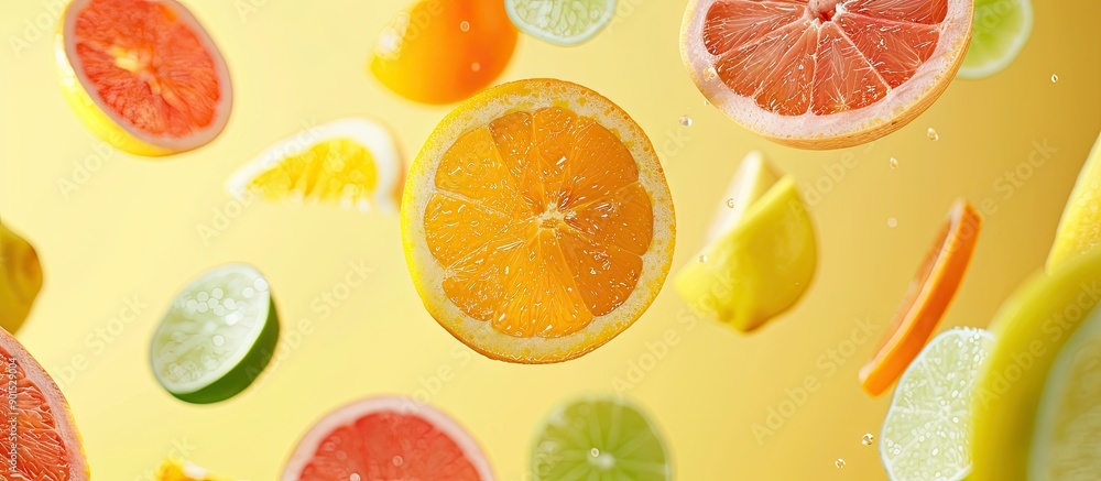 Poster various citrus fruit slices including orange lemon lime and grapefruit floating above a yellow backd