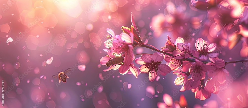 Poster spring brings bees pollinating cherry blossoms creating an abstract background with blooming trees a