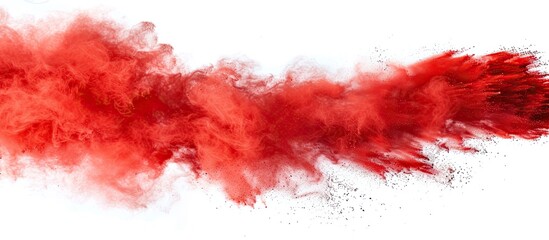 Red powder cloud abstract design over white backdrop with copy space image