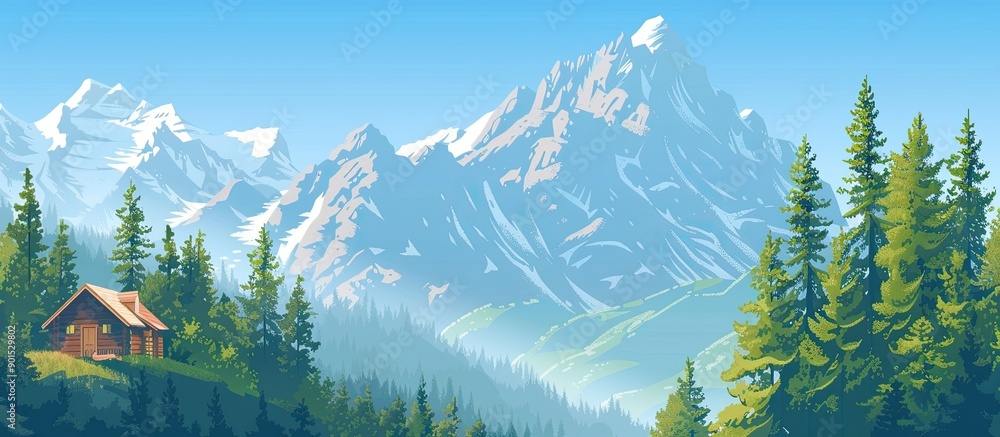 Poster scenic mountain view with a charming lodge green trees on mountain sides under a clear blue sky with