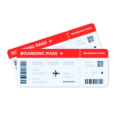 Boarding pass vector illustration. Two air plane tickets template. Airline flight pass concept. Blue departure document. Red airplane tickets design. Blank boarding pass template.