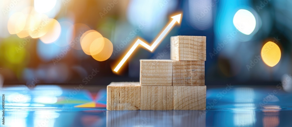 Aufkleber an upward arrow shines on stacked wooden cubes with a bar graph on a blue background showing concept